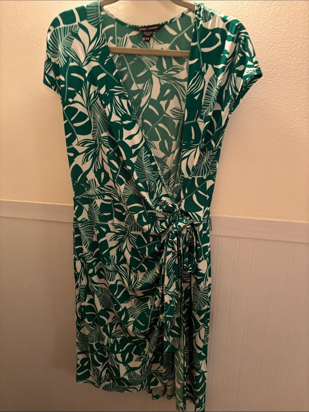 Maggy London Green and White Tropical Wrap Dress